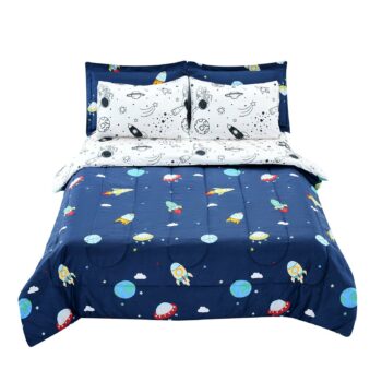 Kids Comforter Set, 7 Pieces, Twin Bedding Sets With 1 Comforter, 1 Flat Sheet, 1 Fitted Sheet, 4 Pillowcases, Soft Microfiber & Space Printed, Bedding Comforter Sets For Boys Girls Teen